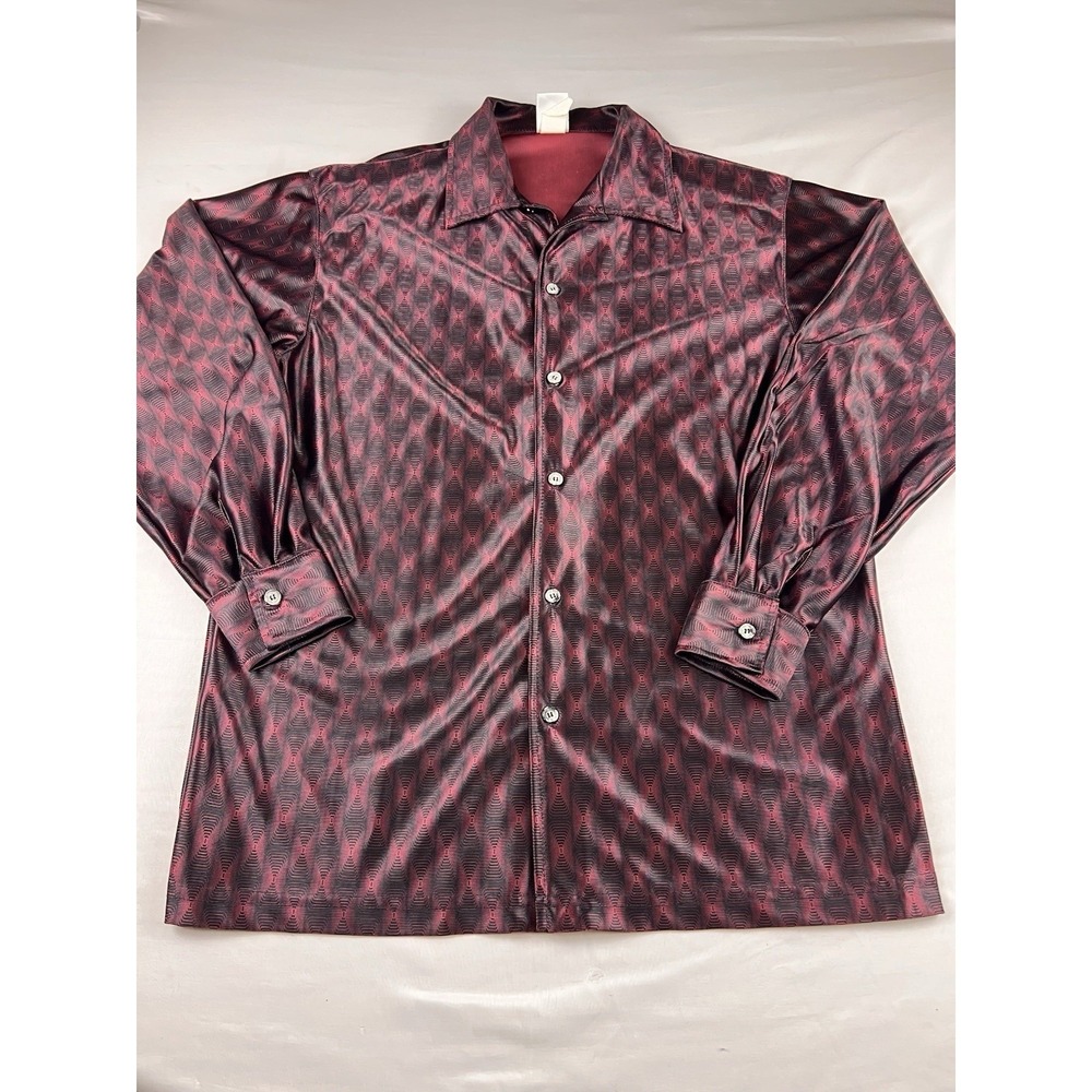 VTG D'Annunzio Geometric Satin Shirt Clubwear Disco Psychedelic Red Black Med